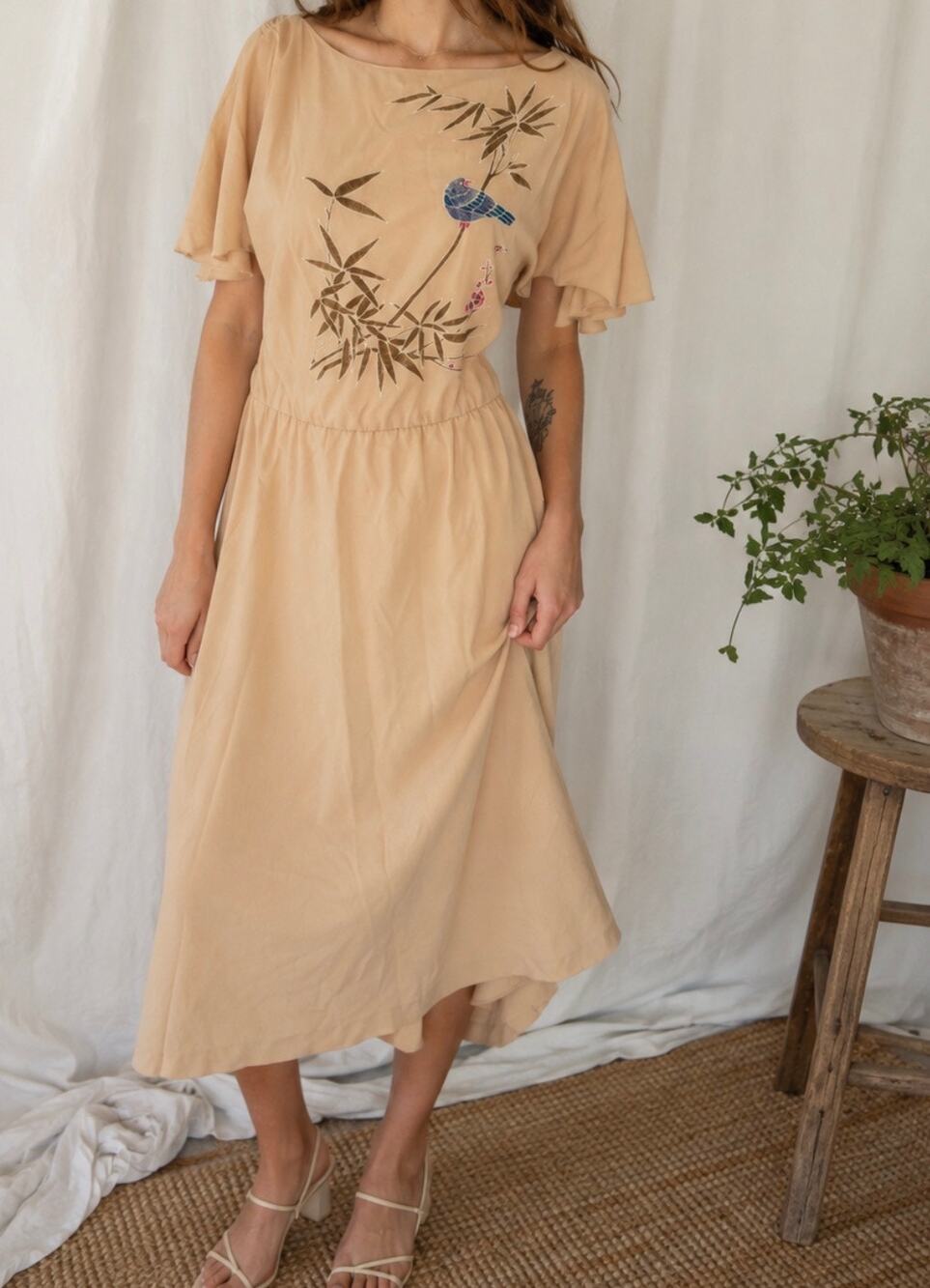 Vintage 80s JCPenney Beige Airbrush Bird Bamboo Midi Dress Womens 15/16
